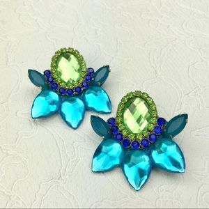 Peacock, Green, Blue, Statement Stud Earrings